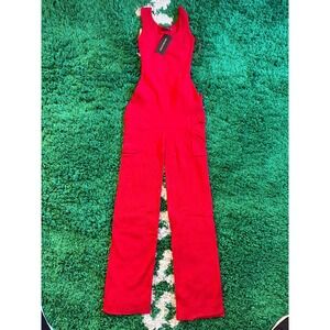 Hot & Delicious Red Ribbed Knit Cargo Jumpsuit Sleeveless Wide Leg HP7053A S (B)